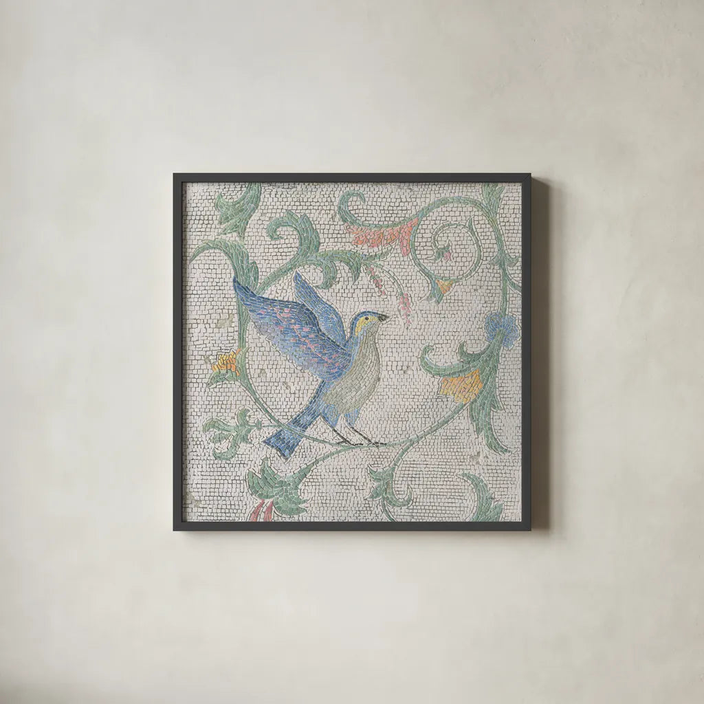 Mosaic Birds I by Wellington Studio. Shown in a sleek black glass frame for a contemporary gallery look. Available as an archival giclee rolled canvas, fine art paper, or poster print. SKU 90246a.