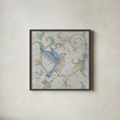 Mosaic Birds I by Wellington Studio. Shown in a sleek black glass frame for a contemporary gallery look. Available as an archival giclee rolled canvas, fine art paper, or poster print. SKU 90246a.