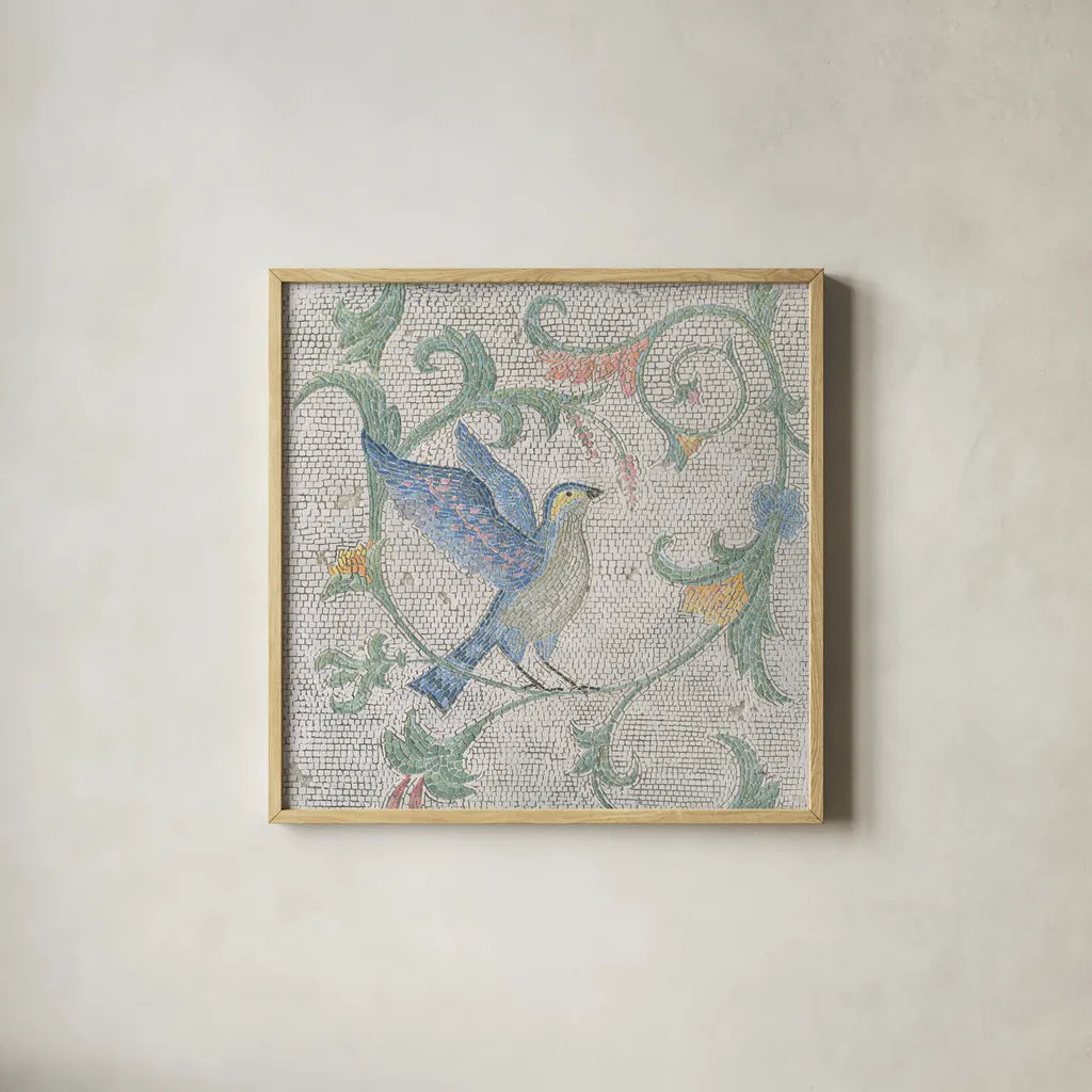 Mosaic Birds I by Wellington Studio. Shown in a natural wood glass frame for a timeless modern aesthetic. Available as an archival giclee rolled canvas, fine art paper, or poster print. SKU 90246a.