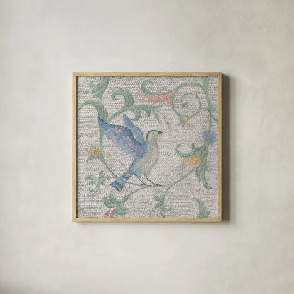 Mosaic Birds I by Wellington Studio. Shown in a natural wood glass frame for a timeless modern aesthetic. Available as an archival giclee rolled canvas, fine art paper, or poster print. SKU 90246a.