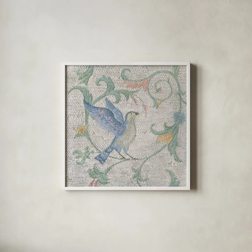 Mosaic Birds I by Wellington Studio. Shown in a crisp white glass frame for a clean and minimalist style. Available as an archival giclee rolled canvas, fine art paper, or poster print. SKU 90246a.