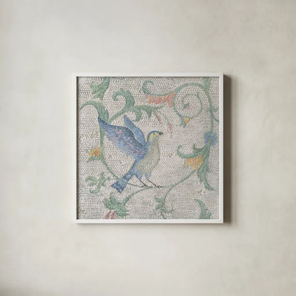 Mosaic Birds I by Wellington Studio. Shown in a crisp white glass frame for a clean and minimalist style. Available as an archival giclee rolled canvas, fine art paper, or poster print. SKU 90246a.