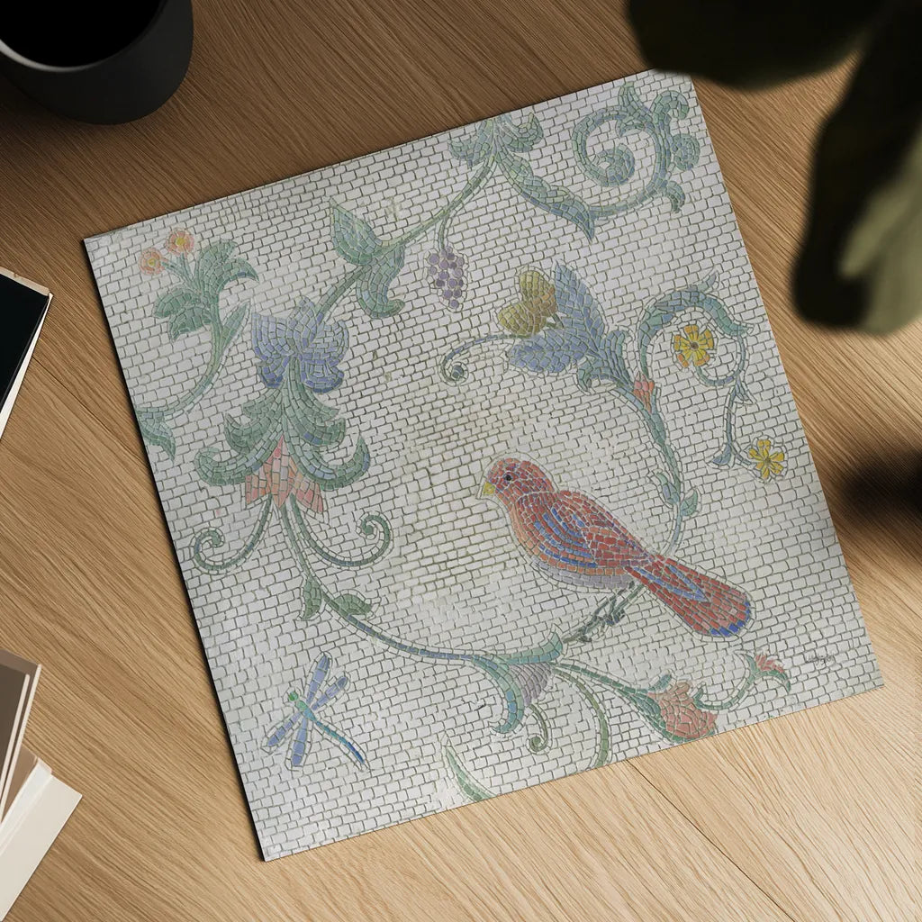 Mosaic Birds II by Wellington Studio. Shown as a detailed flat fine art print, highlighting archival giclee quality. Available as an archival giclee rolled canvas, fine art paper, or poster print. SKU 90247a.