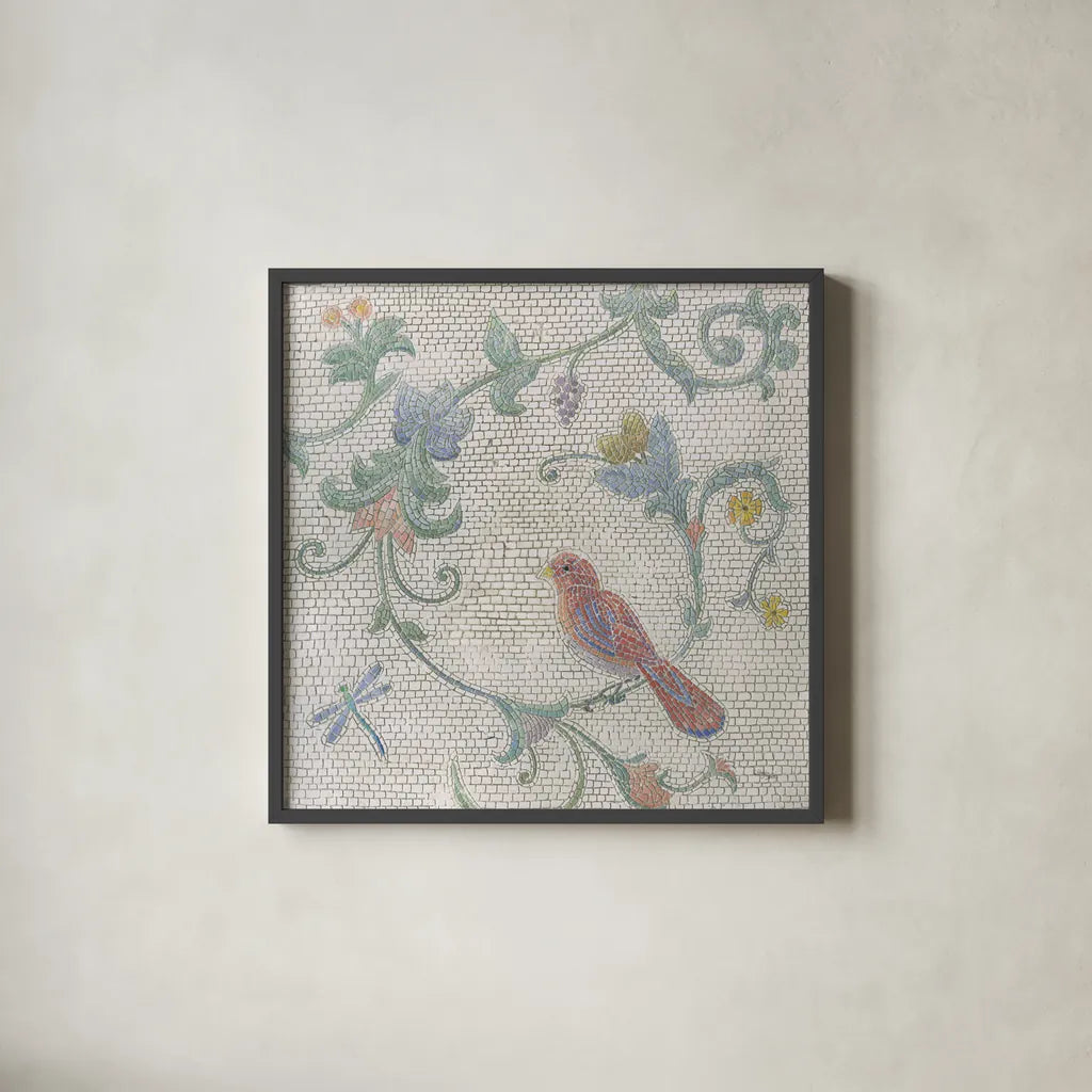 Mosaic Birds II by Wellington Studio. Shown in a sleek black glass frame for a contemporary gallery look. Available as an archival giclee rolled canvas, fine art paper, or poster print. SKU 90247a.