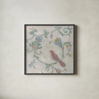 Mosaic Birds II by Wellington Studio. Shown in a sleek black glass frame for a contemporary gallery look. Available as an archival giclee rolled canvas, fine art paper, or poster print. SKU 90247a.