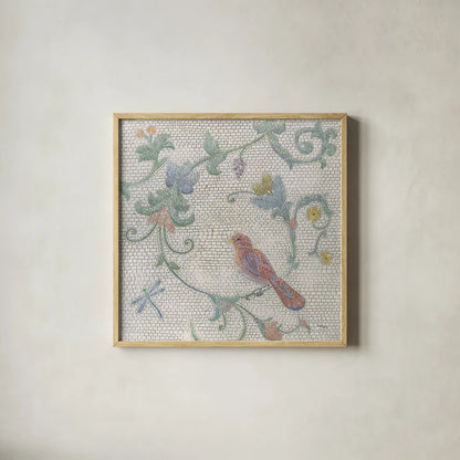 Mosaic Birds II by Wellington Studio. Shown in a natural wood glass frame for a timeless modern aesthetic. Available as an archival giclee rolled canvas, fine art paper, or poster print. SKU 90247a.