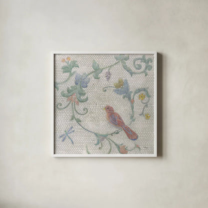 Mosaic Birds II by Wellington Studio. Shown in a crisp white glass frame for a clean and minimalist style. Available as an archival giclee rolled canvas, fine art paper, or poster print. SKU 90247a.