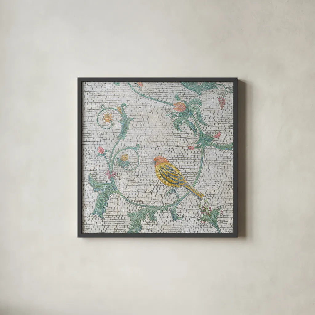 Mosaic Birds III by Wellington Studio. Shown in a sleek black glass frame for a contemporary gallery look. Available as an archival giclee rolled canvas, fine art paper, or poster print. SKU 90248a.