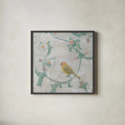 Mosaic Birds III by Wellington Studio. Shown in a sleek black glass frame for a contemporary gallery look. Available as an archival giclee rolled canvas, fine art paper, or poster print. SKU 90248a.