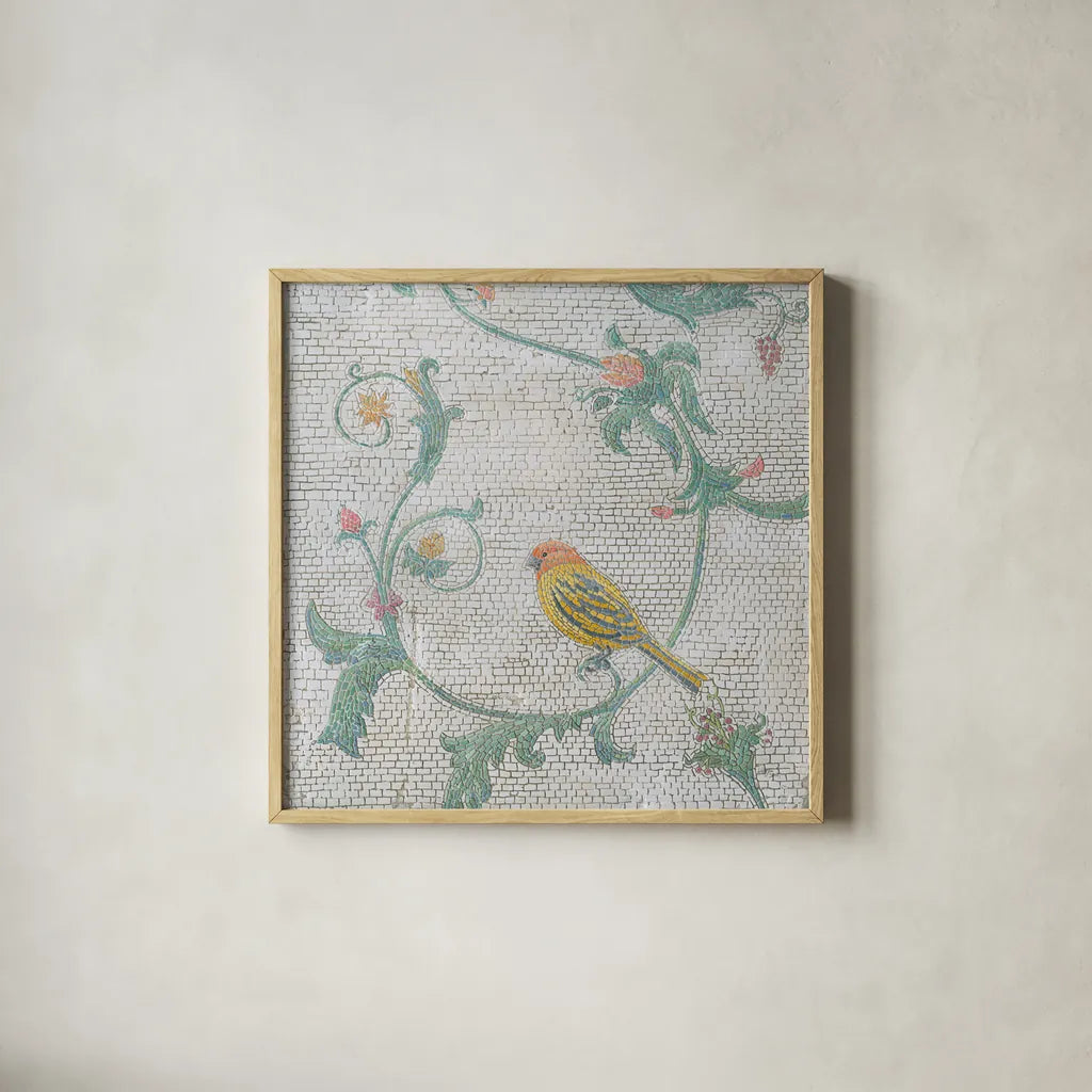 Mosaic Birds III by Wellington Studio. Shown in a natural wood glass frame for a timeless modern aesthetic. Available as an archival giclee rolled canvas, fine art paper, or poster print. SKU 90248a.