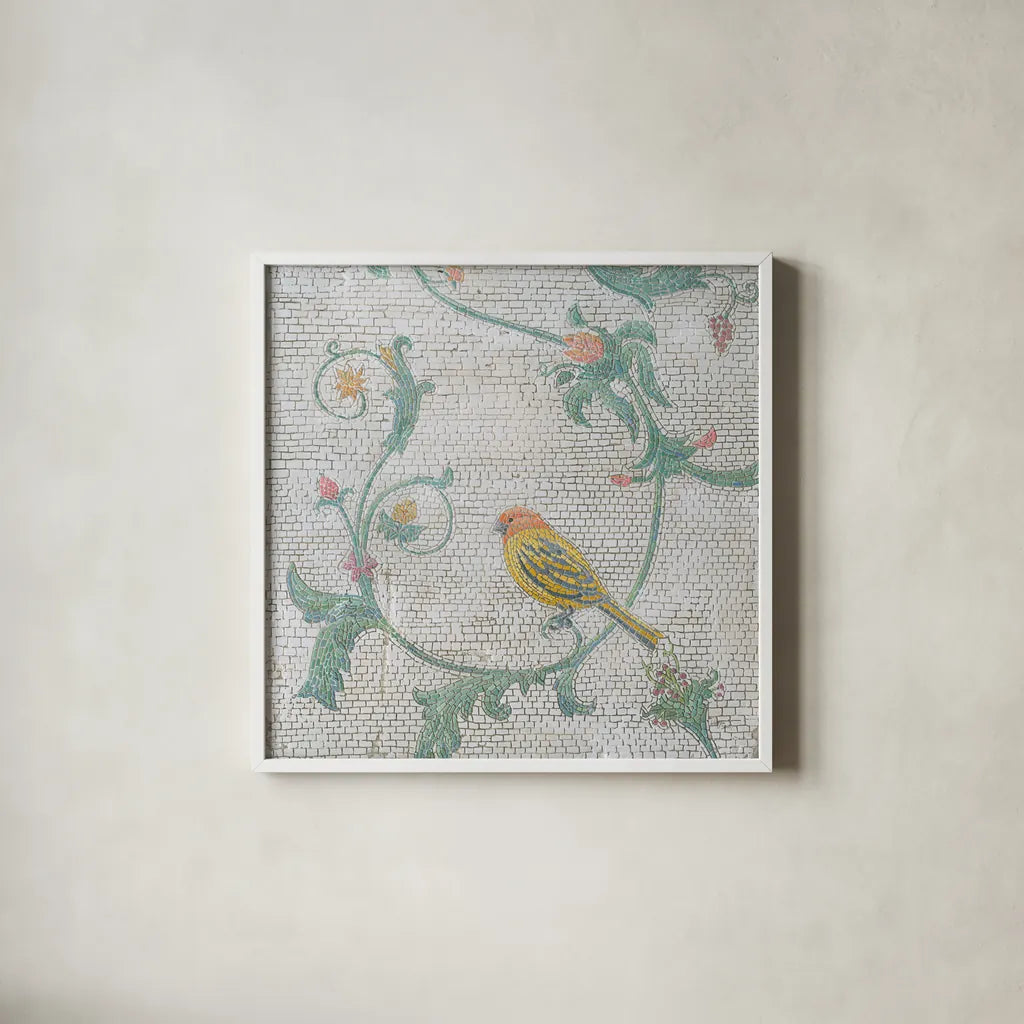 Mosaic Birds III by Wellington Studio. Shown in a crisp white glass frame for a clean and minimalist style. Available as an archival giclee rolled canvas, fine art paper, or poster print. SKU 90248a.
