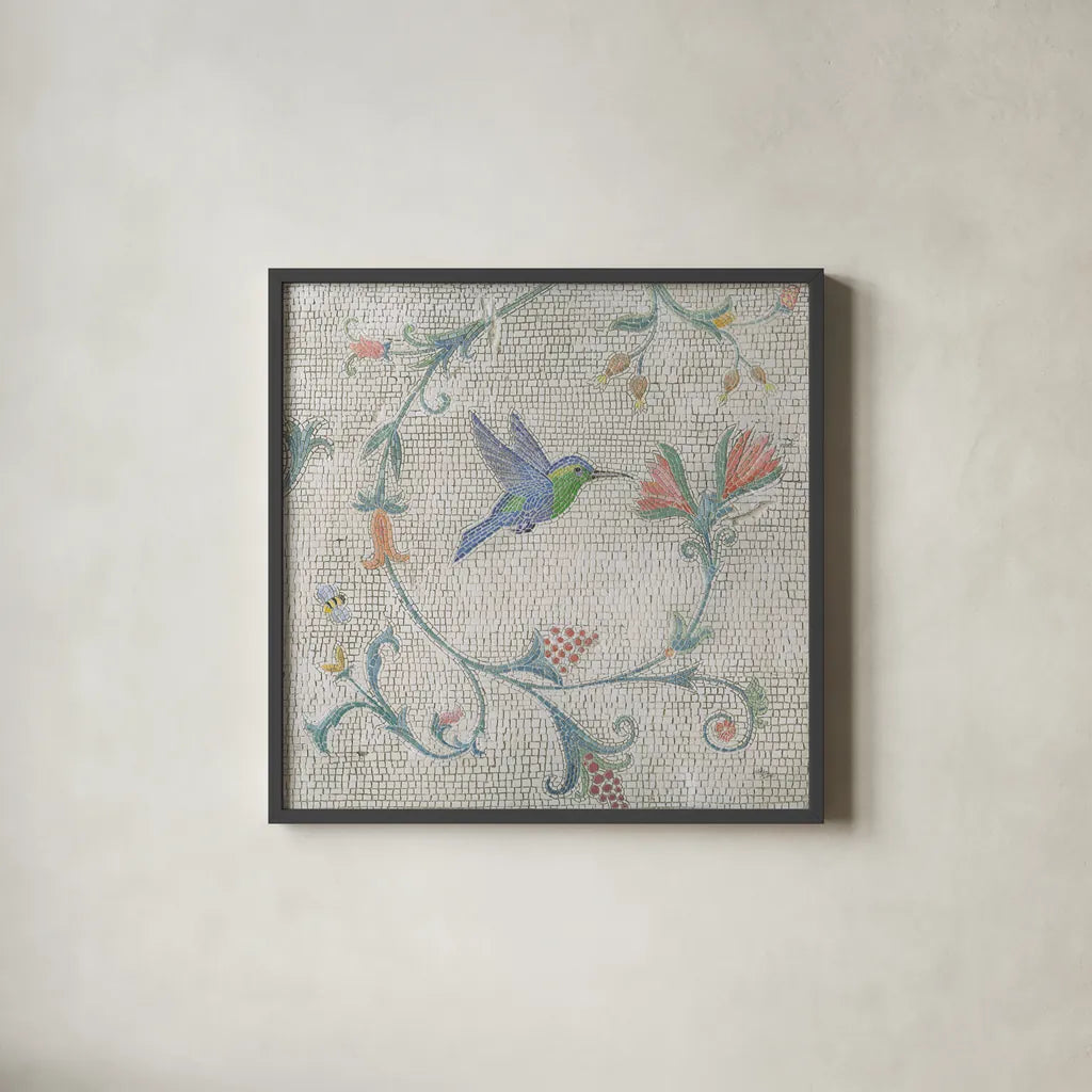 Mosaic Birds IV by Wellington Studio. Shown in a sleek black glass frame for a contemporary gallery look. Available as an archival giclee rolled canvas, fine art paper, or poster print. SKU 90249a.