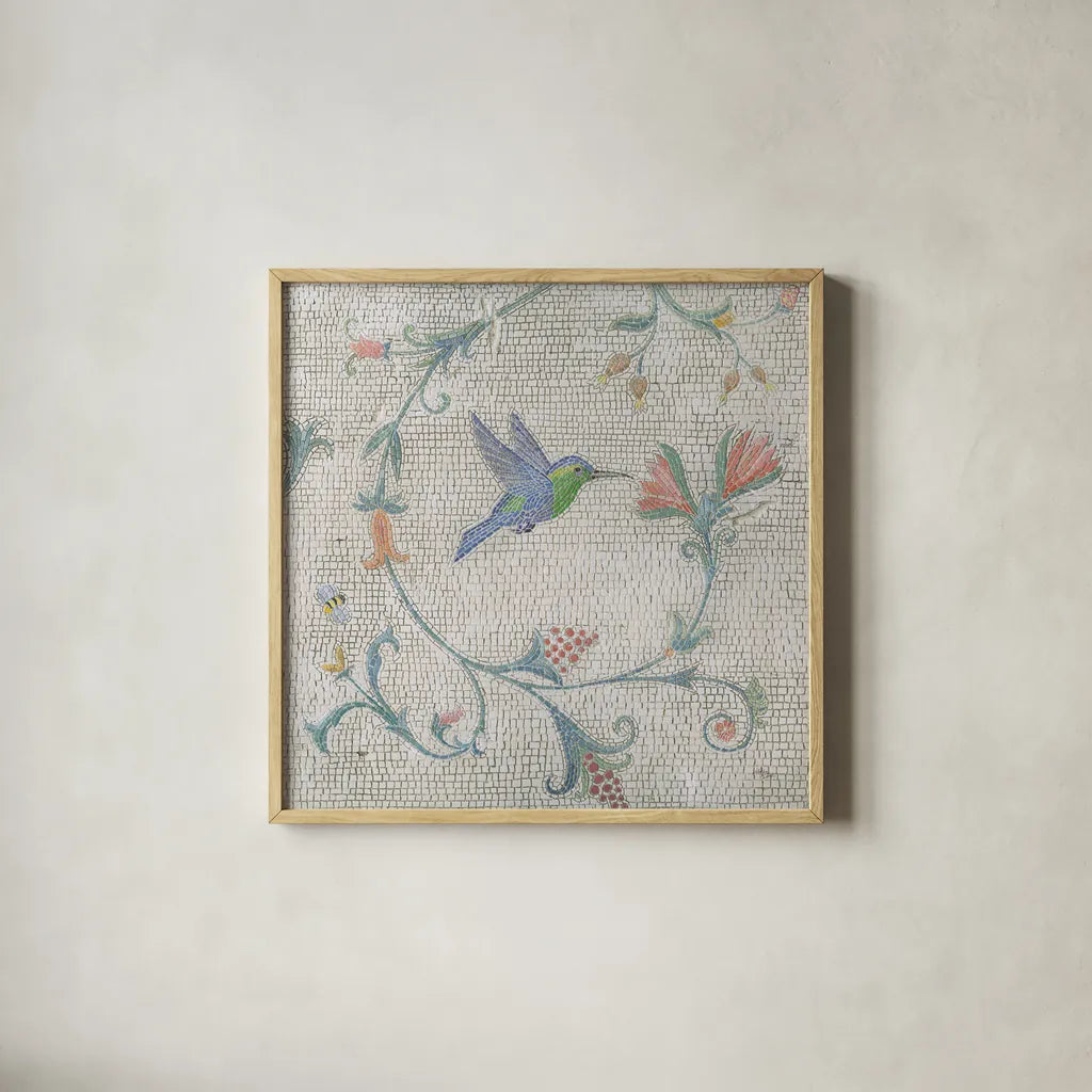 Mosaic Birds IV by Wellington Studio. Shown in a natural wood glass frame for a timeless modern aesthetic. Available as an archival giclee rolled canvas, fine art paper, or poster print. SKU 90249a.