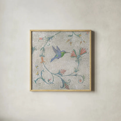 Mosaic Birds IV by Wellington Studio. Shown in a natural wood glass frame for a timeless modern aesthetic. Available as an archival giclee rolled canvas, fine art paper, or poster print. SKU 90249a.