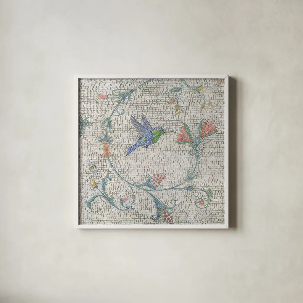 Mosaic Birds IV by Wellington Studio. Shown in a crisp white glass frame for a clean and minimalist style. Available as an archival giclee rolled canvas, fine art paper, or poster print. SKU 90249a.