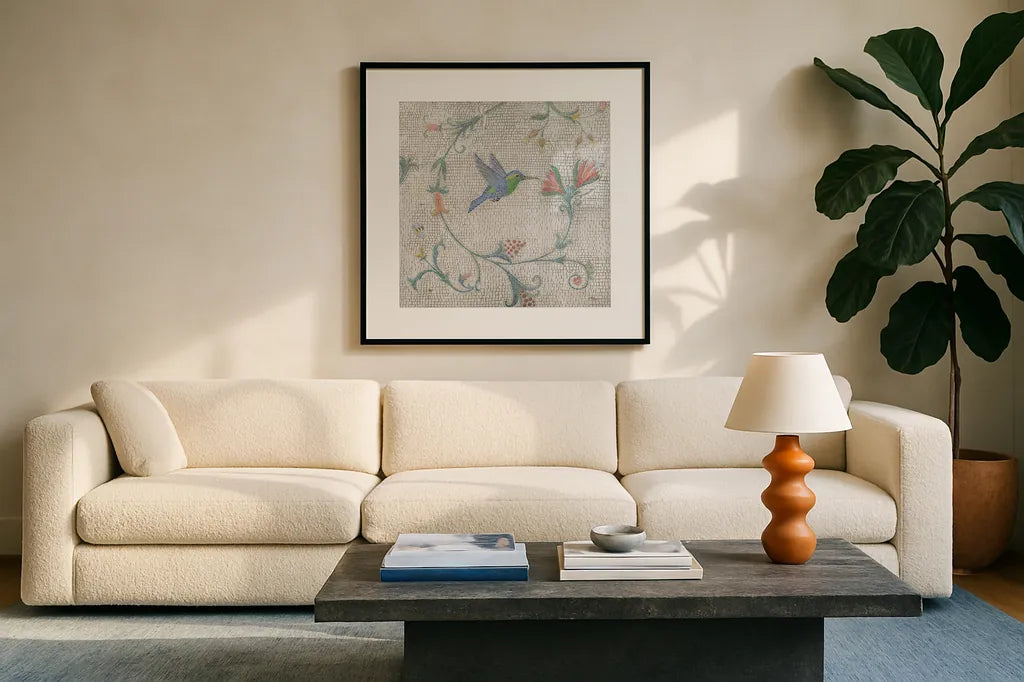Mosaic Birds IV by Wellington Studio. Displayed in a glass frame with matte in a clean modern living room. Available as an archival giclee rolled canvas, fine art paper, or poster print. SKU 90249a.