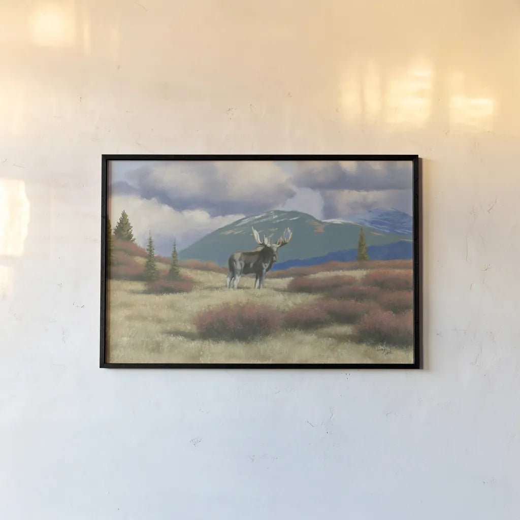 Northern Moose by Wellington Studio. shown as a paper print in a black flame. Available as a archival giclee rolled canvas, fine art paper, or poster print. SKU 84086i.
