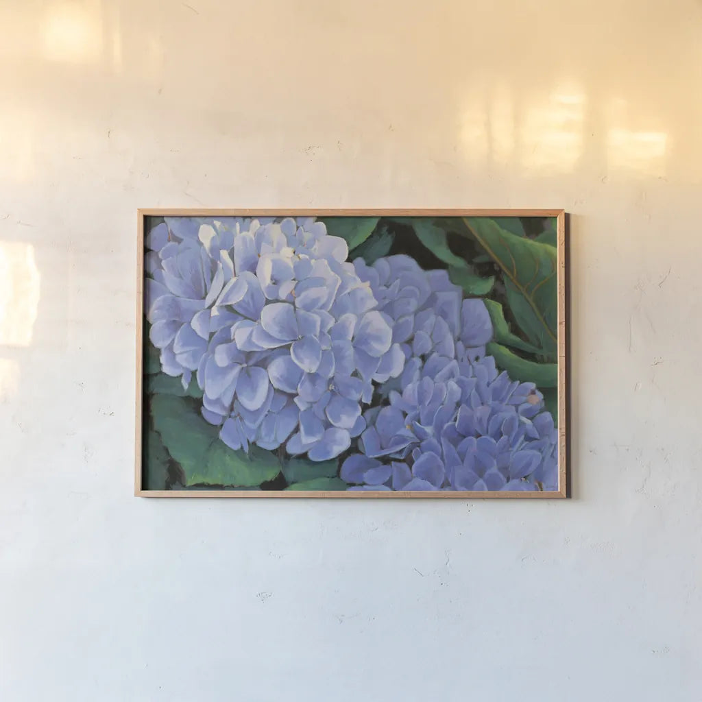 Periwinkle Hydrangea by Wellington Studio. shown as a paper print in a natural frame. Available as a archival giclee rolled canvas, fine art paper, or poster print. SKU 97130i.