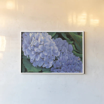 Periwinkle Hydrangea by Wellington Studio. shown as a paper print in a white frame. Available as a archival giclee rolled canvas, fine art paper, or poster print. SKU 97130i.