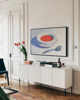 Soup du Jour by Wellington Studio. shown as a framed stretched canvas in a living room above a console. Available as a archival giclee rolled canvas, fine art paper, or poster print. SKU 90167i.