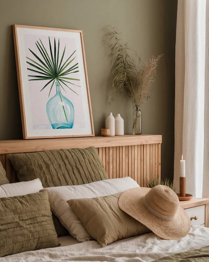 Statement Palms I by Wellington Studio. shown as a paper print in a natural frame. Available as a archival giclee rolled canvas, fine art paper, or poster print. SKU 33610h.