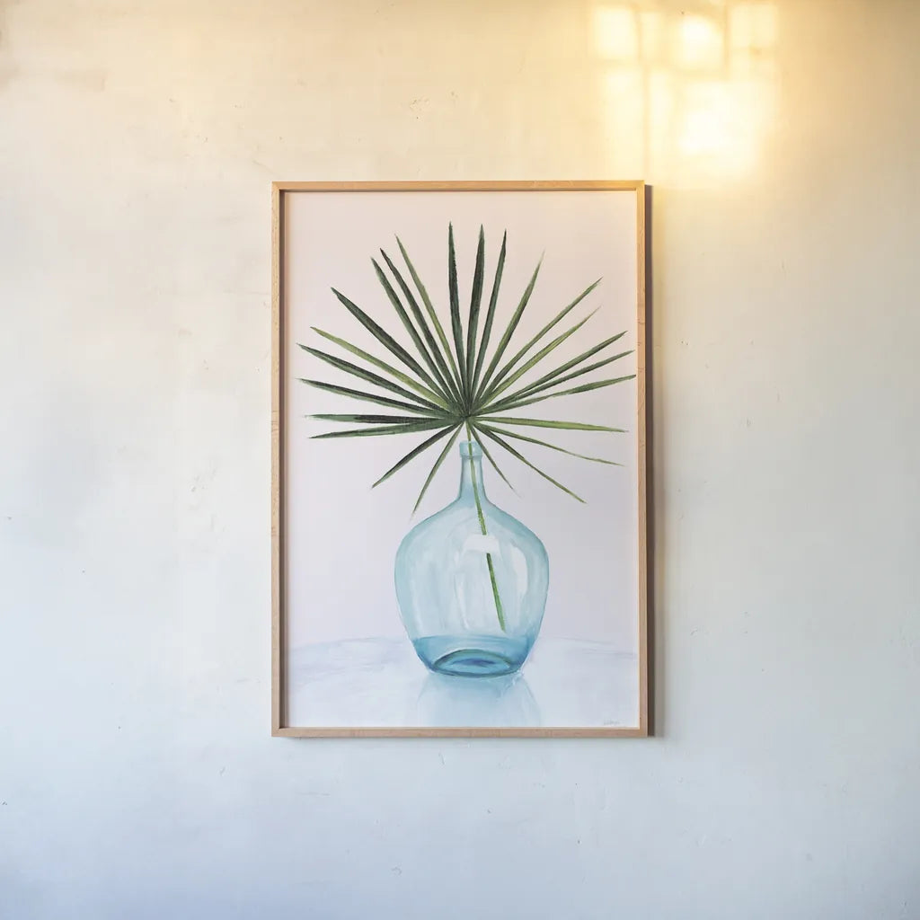 Statement Palms I by Wellington Studio. shown as a paper print in a natural frame. Available as a archival giclee rolled canvas, fine art paper, or poster print. SKU 33610h.