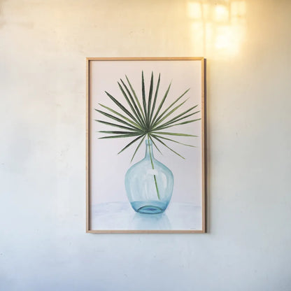 Statement Palms I by Wellington Studio. shown as a paper print in a natural frame. Available as a archival giclee rolled canvas, fine art paper, or poster print. SKU 33610h.