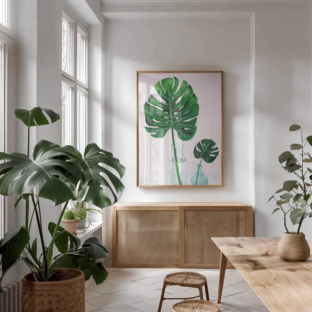 Statement Palms II by Wellington Studio. shown as a print in a natural wood frame in a dining room. Available as a archival giclee rolled canvas, fine art paper, or poster print. SKU 33611h.