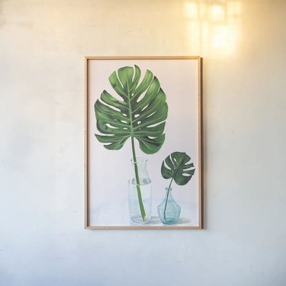 Statement Palms II by Wellington Studio. shown as a paper print in a natural frame. Available as a archival giclee rolled canvas, fine art paper, or poster print. SKU 33611h.