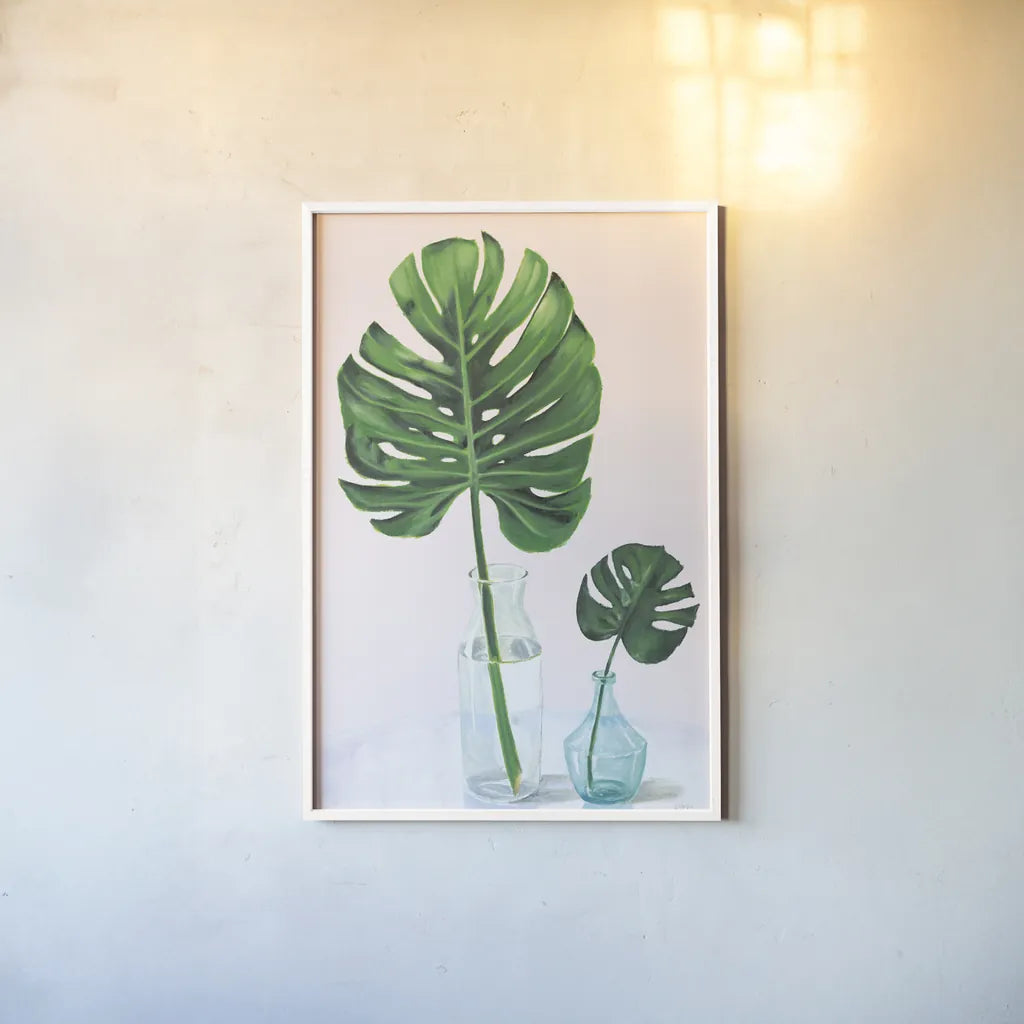 Statement Palms II by Wellington Studio. shown as a paper print in a white frame. Available as a archival giclee rolled canvas, fine art paper, or poster print. SKU 33611h.