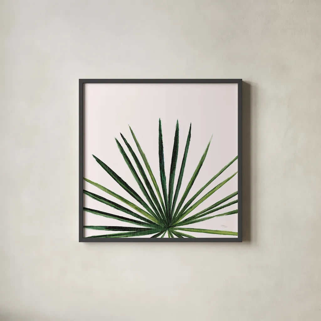 Statement Palms III by Wellington Studio. Shown in a sleek black glass frame for a contemporary gallery look. Available as an archival giclee rolled canvas, fine art paper, or poster print. SKU 33612a.