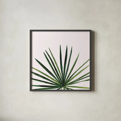 Statement Palms III by Wellington Studio. Shown in a sleek black glass frame for a contemporary gallery look. Available as an archival giclee rolled canvas, fine art paper, or poster print. SKU 33612a.