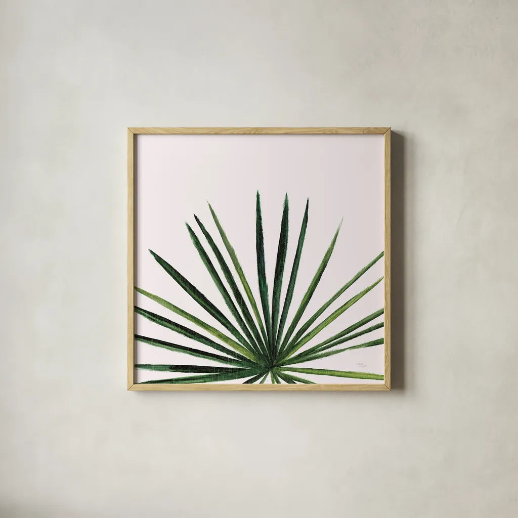 Statement Palms III by Wellington Studio. Shown in a natural wood glass frame for a timeless modern aesthetic. Available as an archival giclee rolled canvas, fine art paper, or poster print. SKU 33612a.