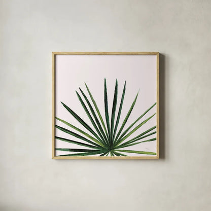 Statement Palms III by Wellington Studio. Shown in a natural wood glass frame for a timeless modern aesthetic. Available as an archival giclee rolled canvas, fine art paper, or poster print. SKU 33612a.