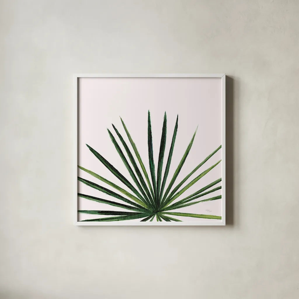 Statement Palms III by Wellington Studio. Shown in a crisp white glass frame for a clean and minimalist style. Available as an archival giclee rolled canvas, fine art paper, or poster print. SKU 33612a.