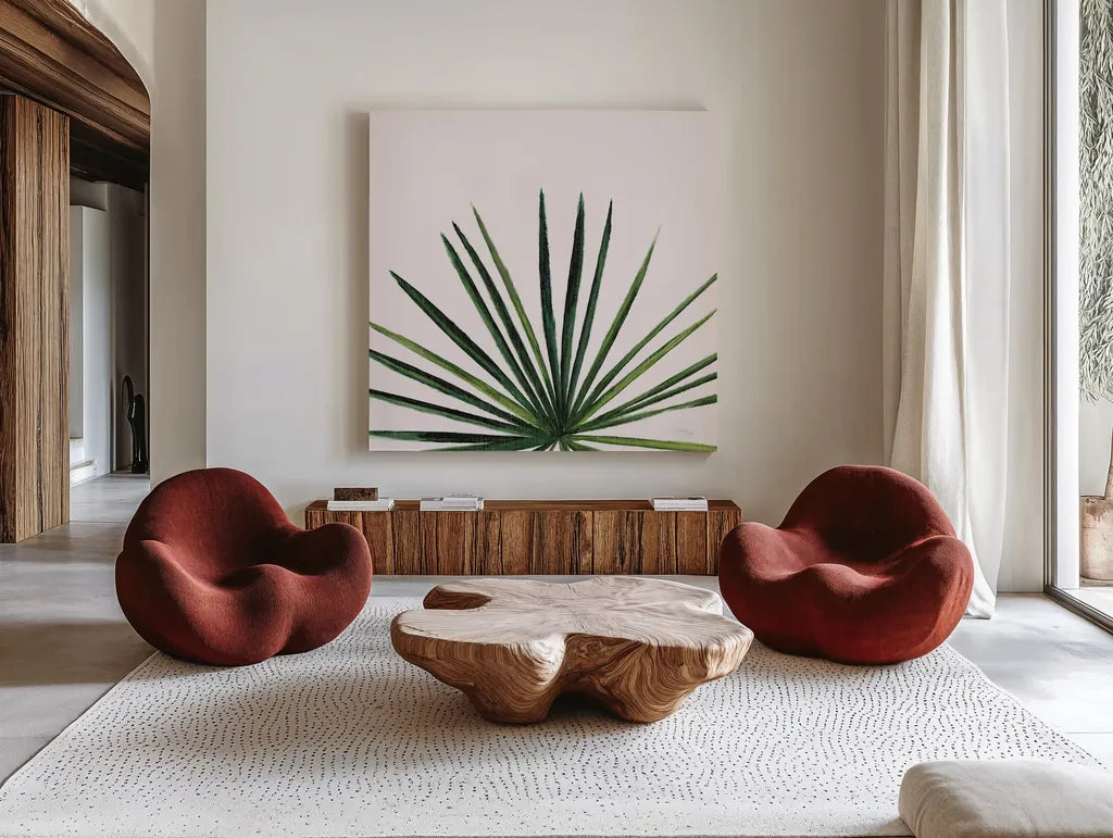 Statement Palms III by Wellington Studio. Shown as extra-large giant wall art in a modern living room. Available as an archival giclee rolled canvas, fine art paper, or poster print. SKU 33612a.