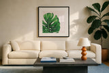 Statement Palms IV by Wellington Studio. Displayed in a glass frame with matte in a clean modern living room. Available as an archival giclee rolled canvas, fine art paper, or poster print. SKU 33613a.