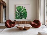 Statement Palms IV by Wellington Studio. Shown as extra-large giant wall art in a modern living room. Available as an archival giclee rolled canvas, fine art paper, or poster print. SKU 33613a.