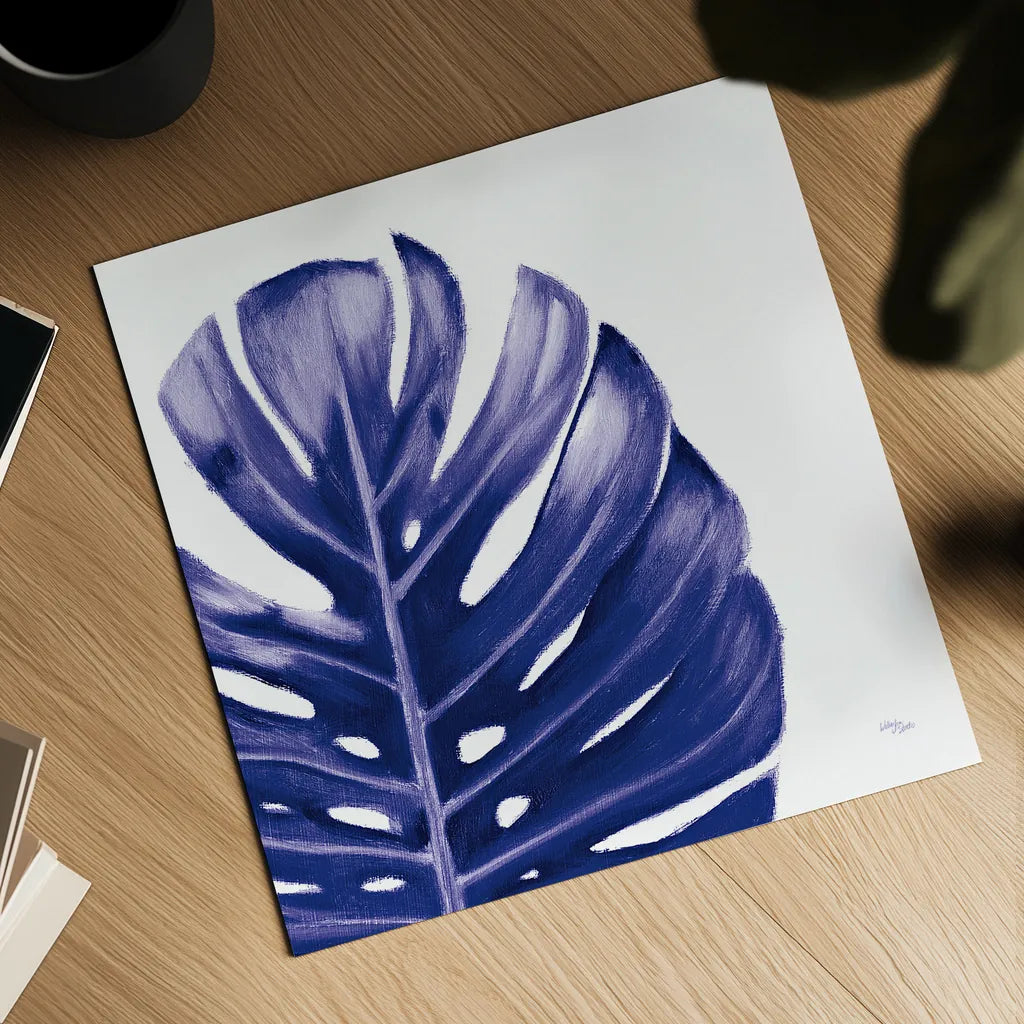 Statement Palms IV Indigo by Wellington Studio. Shown as a detailed flat fine art print, highlighting archival giclee quality. Available as an archival giclee rolled canvas, fine art paper, or poster print. SKU 34076a.