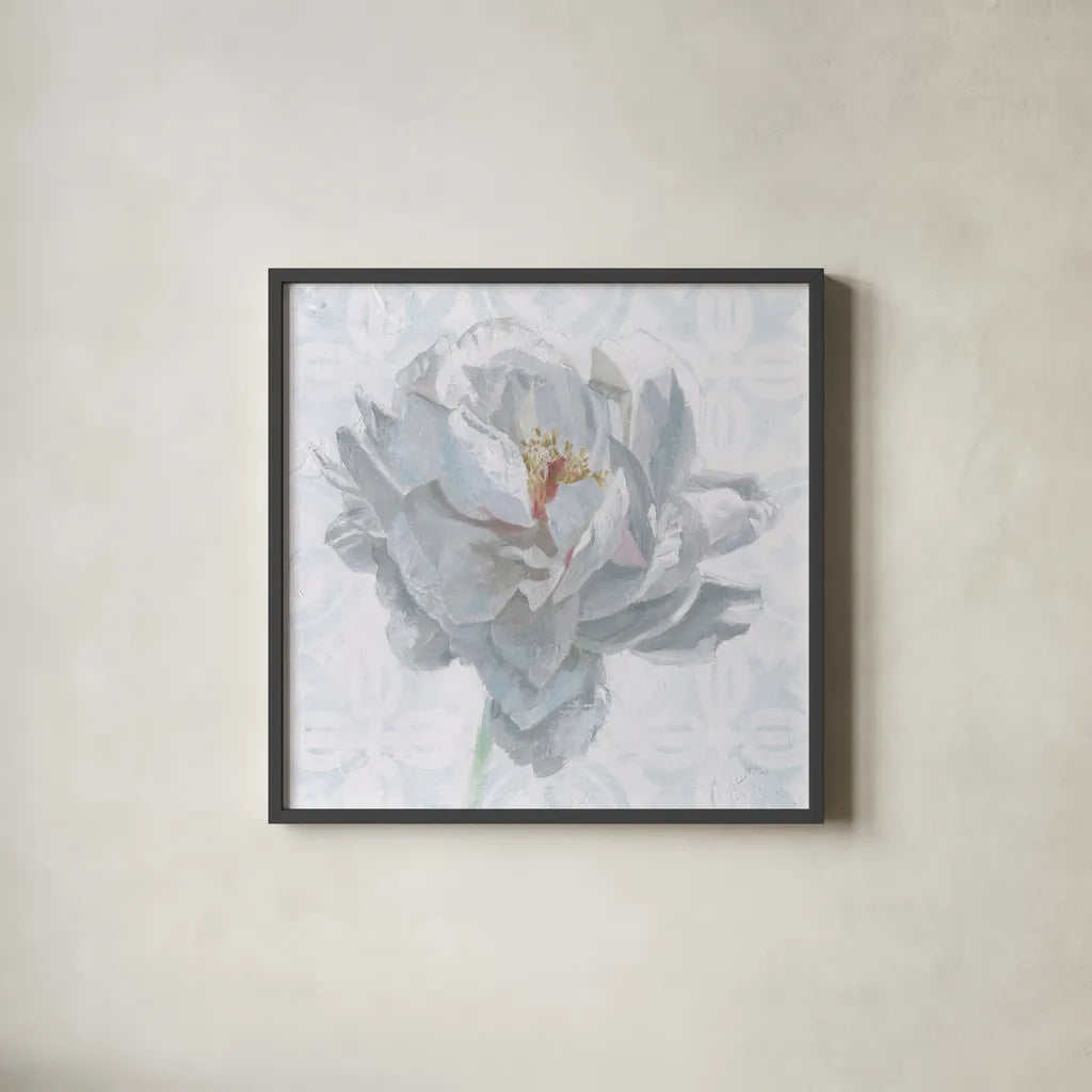 Sublime Peony I by Wellington Studio. Shown in a sleek black glass frame for a contemporary gallery look. Available as an archival giclee rolled canvas, fine art paper, or poster print. SKU 88746a.