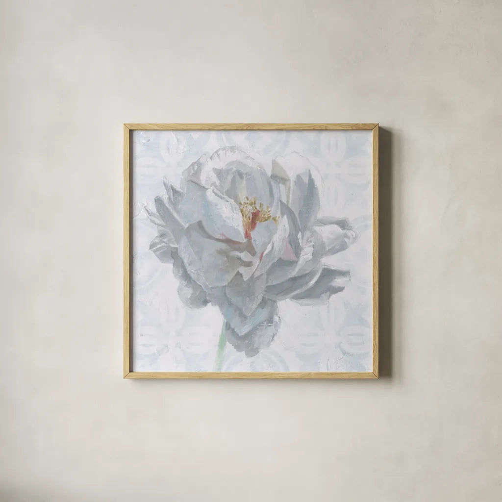 Sublime Peony I by Wellington Studio. Shown in a natural wood glass frame for a timeless modern aesthetic. Available as an archival giclee rolled canvas, fine art paper, or poster print. SKU 88746a.