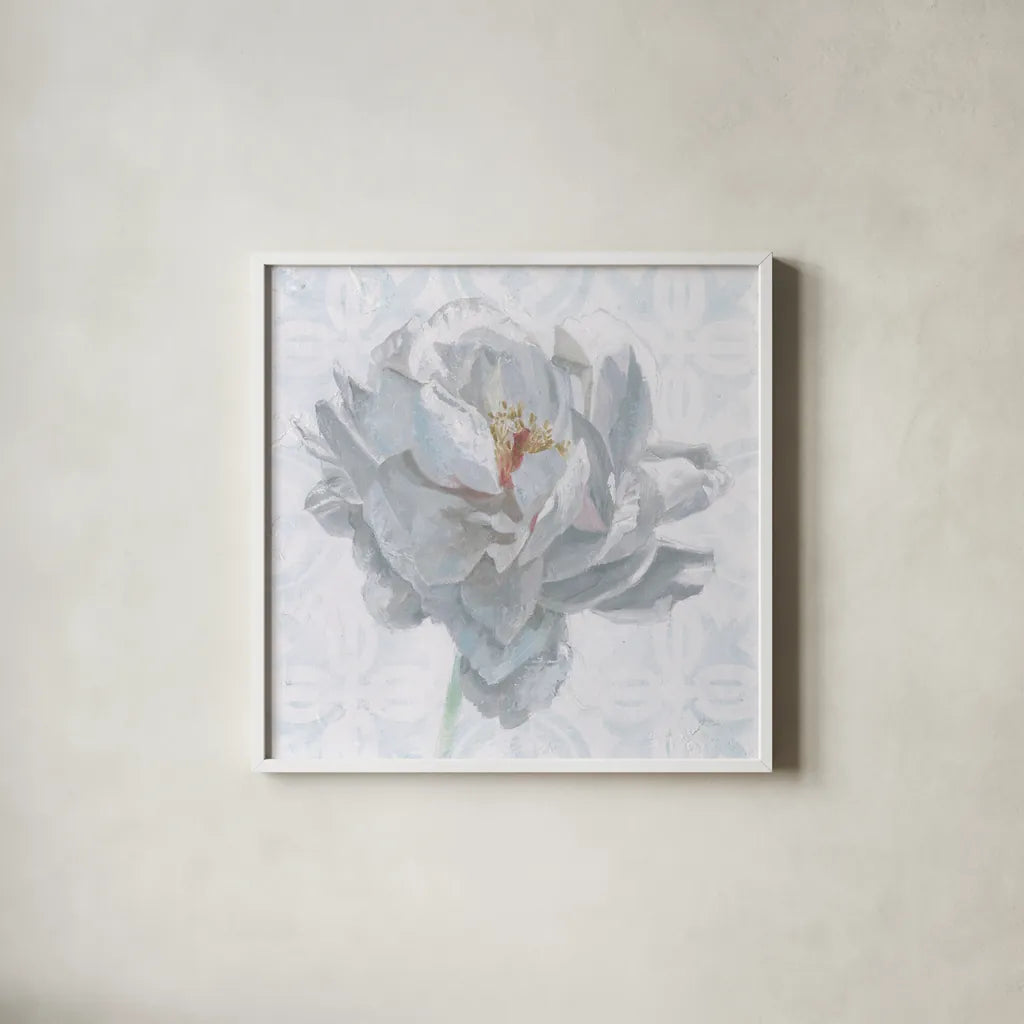 Sublime Peony I by Wellington Studio. Shown in a crisp white glass frame for a clean and minimalist style. Available as an archival giclee rolled canvas, fine art paper, or poster print. SKU 88746a.
