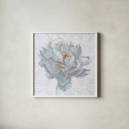 Sublime Peony I by Wellington Studio. Shown in a crisp white glass frame for a clean and minimalist style. Available as an archival giclee rolled canvas, fine art paper, or poster print. SKU 88746a.