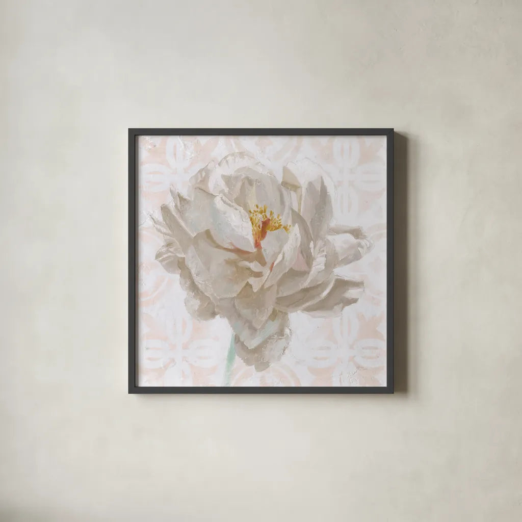 Sublime Peony I Light by Wellington Studio. Shown in a sleek black glass frame for a contemporary gallery look. Available as an archival giclee rolled canvas, fine art paper, or poster print. SKU 88912a.