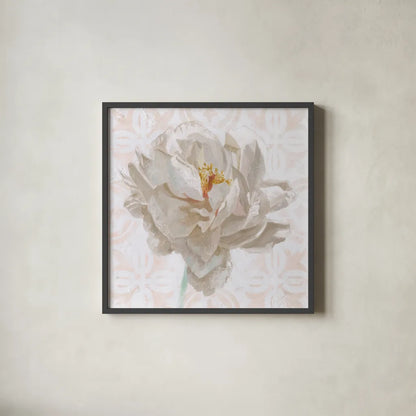 Sublime Peony I Light by Wellington Studio. Shown in a sleek black glass frame for a contemporary gallery look. Available as an archival giclee rolled canvas, fine art paper, or poster print. SKU 88912a.