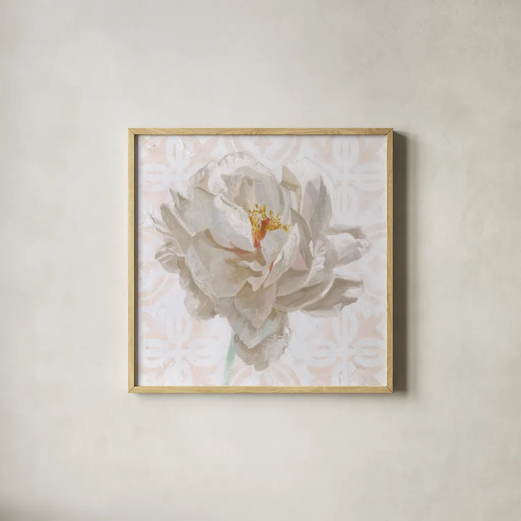 Sublime Peony I Light by Wellington Studio. Shown in a natural wood glass frame for a timeless modern aesthetic. Available as an archival giclee rolled canvas, fine art paper, or poster print. SKU 88912a.