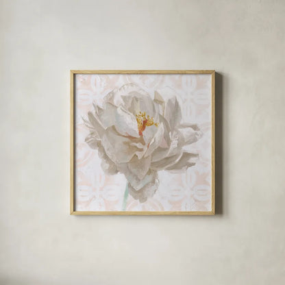 Sublime Peony I Light by Wellington Studio. Shown in a natural wood glass frame for a timeless modern aesthetic. Available as an archival giclee rolled canvas, fine art paper, or poster print. SKU 88912a.