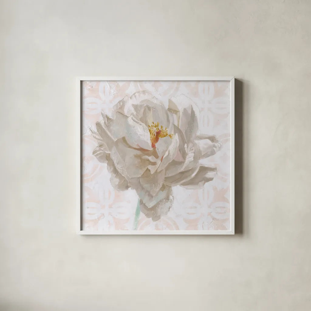 Sublime Peony I Light by Wellington Studio. Shown in a crisp white glass frame for a clean and minimalist style. Available as an archival giclee rolled canvas, fine art paper, or poster print. SKU 88912a.