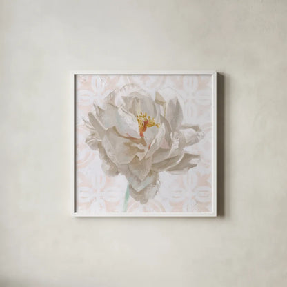 Sublime Peony I Light by Wellington Studio. Shown in a crisp white glass frame for a clean and minimalist style. Available as an archival giclee rolled canvas, fine art paper, or poster print. SKU 88912a.