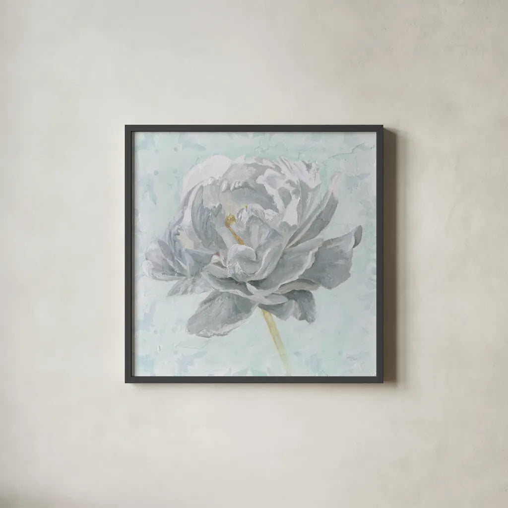 Sublime Peony II by Wellington Studio. Shown in a sleek black glass frame for a contemporary gallery look. Available as an archival giclee rolled canvas, fine art paper, or poster print. SKU 88747a.
